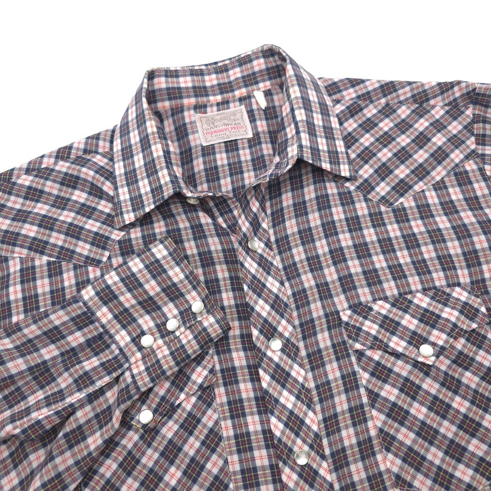 H Bar C Ranchwear Men 17 34 Blue Plaid Western Pearl Snap Shirt Long Tail USA